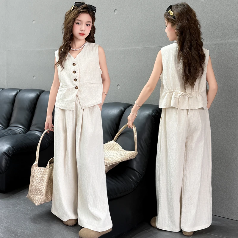 女童套装洋气时尚亚麻纯色阔腿裤两件套3-15岁夏季显瘦复古薄款