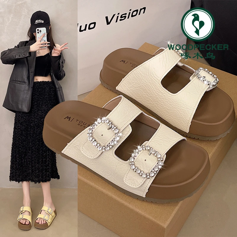啄木鸟法式勃肯拖鞋女夏外穿2025新款绝美仙女风厚底露趾水钻凉鞋