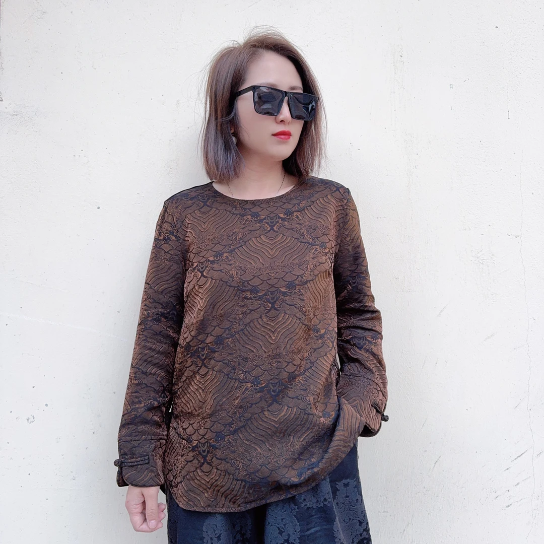 新中式国风圆领秋季休闲时尚百搭复古提花长袖上衣9818-1
