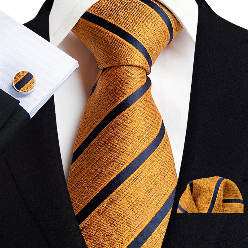 高档百搭男士涤纶商务休闲复古简约条纹领带口袋巾袖口三件套装男