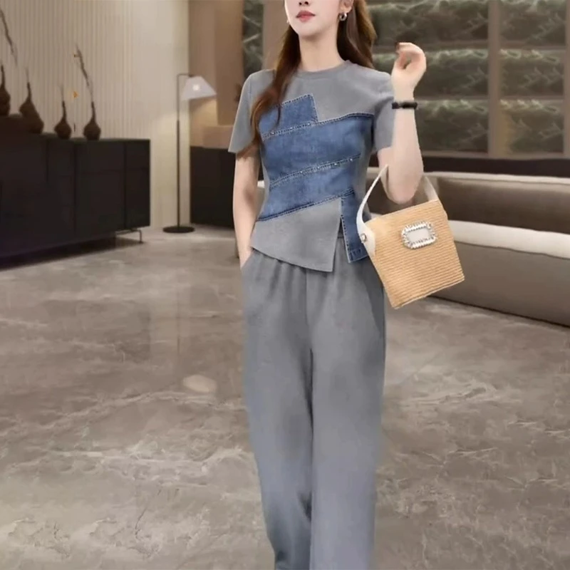 欧货休闲运动套装女夏2025新款小众设计感拼接牛仔短袖长裤两件套