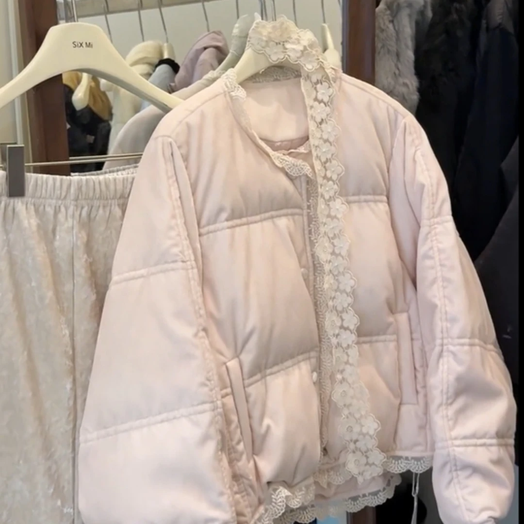 韩系粉色甜美减龄拼接蕾丝羽绒服2025冬季短款白鸭绒面包服外套