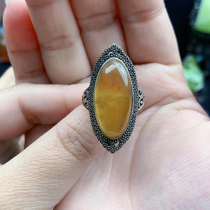 琥珀裸石银S925镶嵌戒指