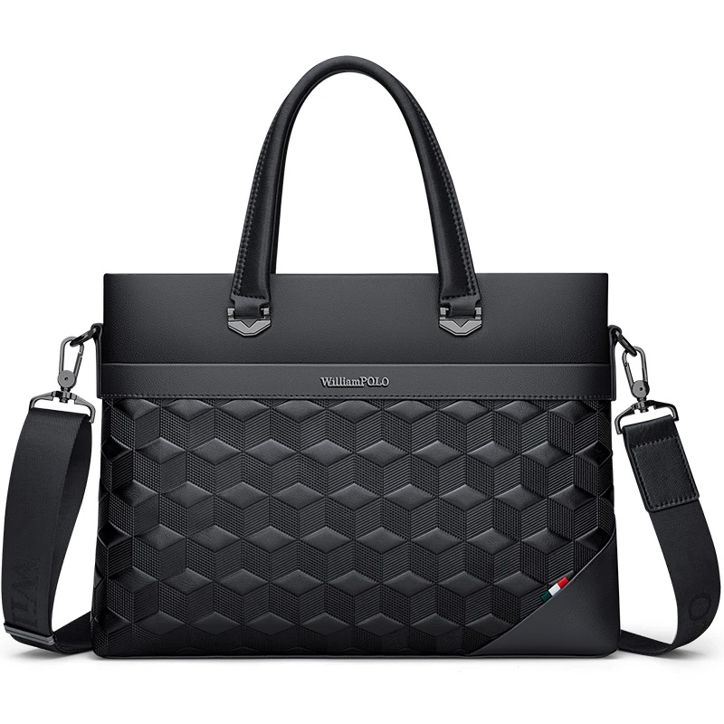 英皇保罗时尚菱格纹真皮公文包商务头层牛皮手提包电脑包男士包包