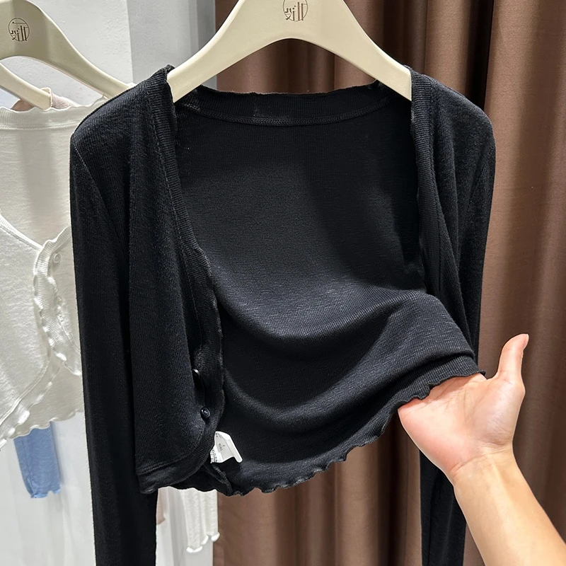 高级感黑色气质百搭V领单排扣空调衫外搭2025新款轻薄透气小开衫