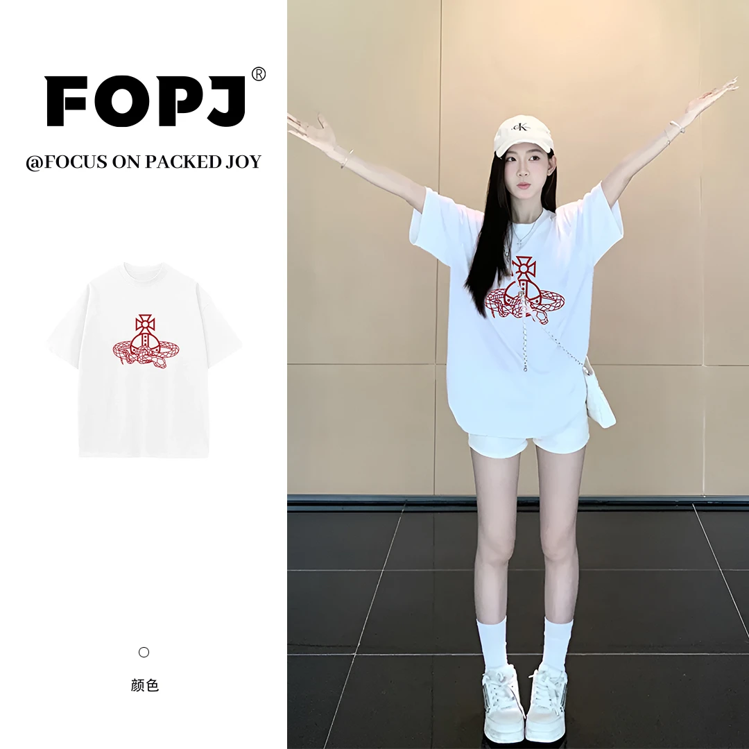 FOPJ美式设计感十字架蛇印花短袖上衣夏季宽松百搭休闲学院风T恤
