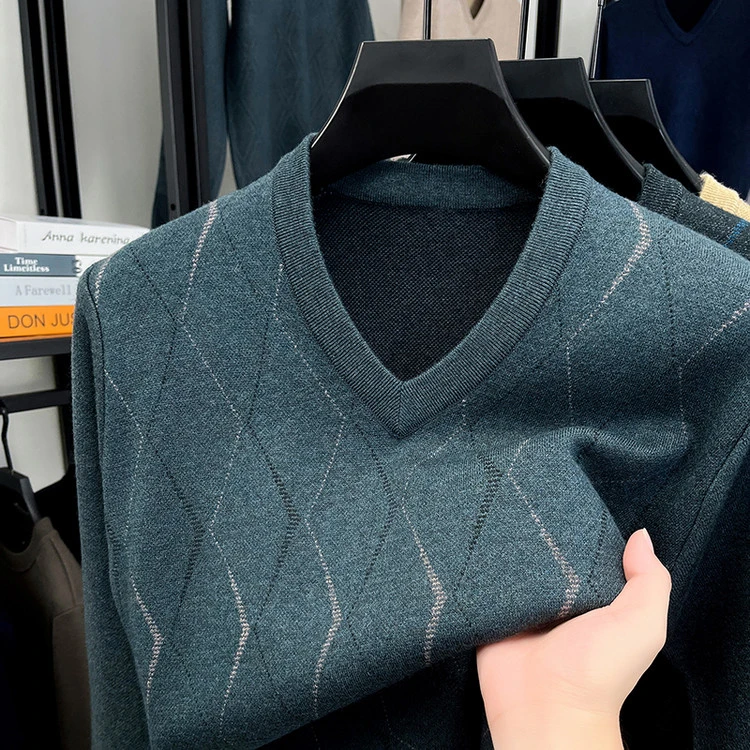男士V领假两件毛衣针织衫冬季中老年爸爸装加厚秋冬保暖上衣长袖