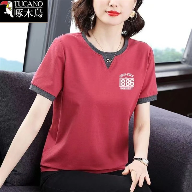 啄木鸟正品显瘦百搭T恤女2025年新款夏季短袖印花圆领设计感上衣