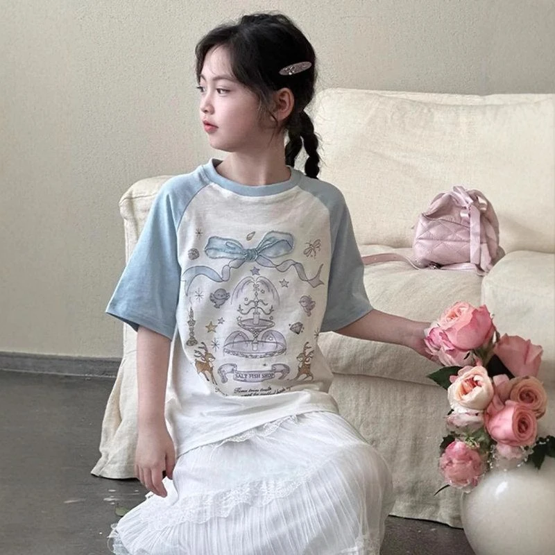 【沫弛尔】钻石蝴蝶结拼接袖2025夏季新品女大童短袖411
