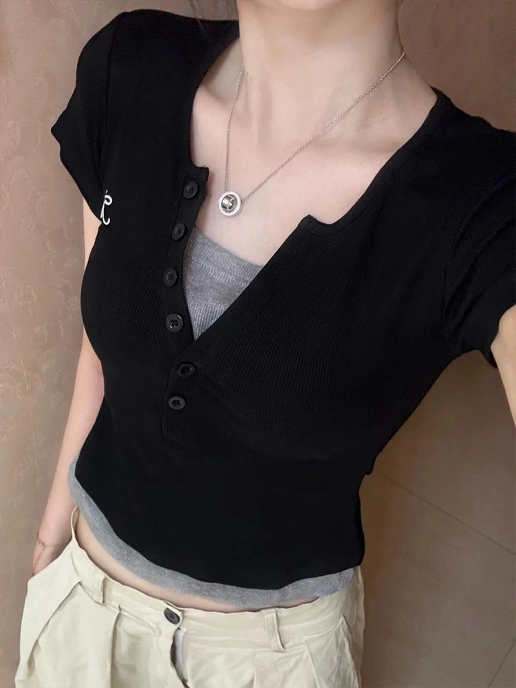 假两件V领短袖杂志风女款修身T恤打底衫韩版t恤小众