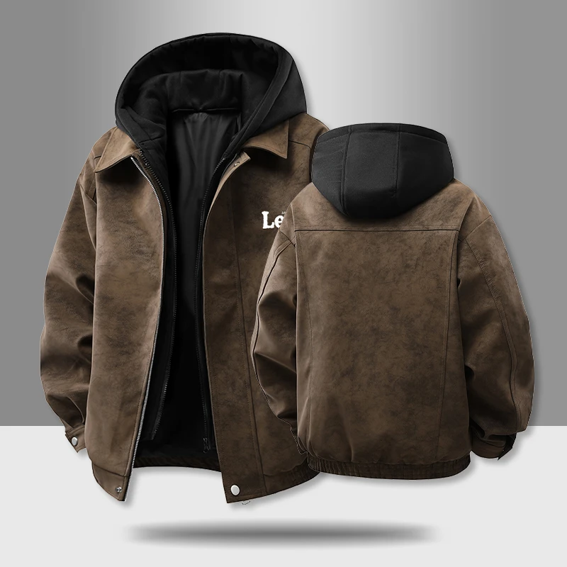 帽子可拆卸美拉德棕色美式机车pu皮衣外套男假两件高级痞帅皮夹克