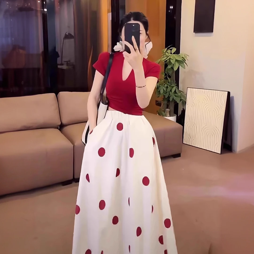 波点半身裙2025夏季新款高腰显瘦A字半身裙V领修身短袖T恤套装820
