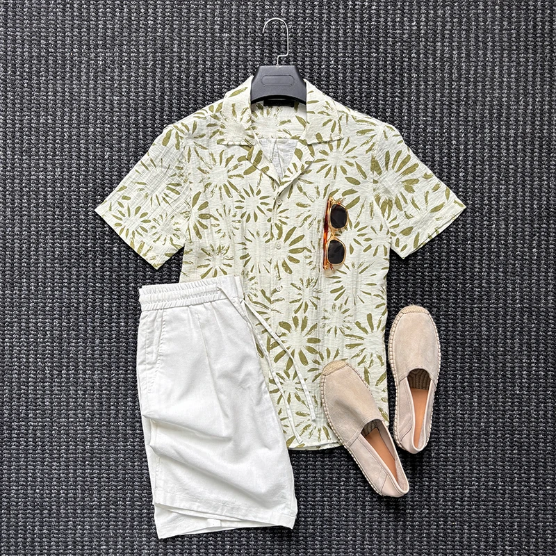 夏季高定古巴领夏威夷度假衬衫男士时尚凉感沙滩亚麻短袖印花衬衣