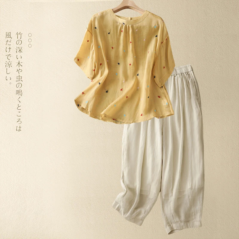 2025年夏季大码妈妈亚麻衬衫阔腿裤两件套高端亚麻穿搭一整套装女