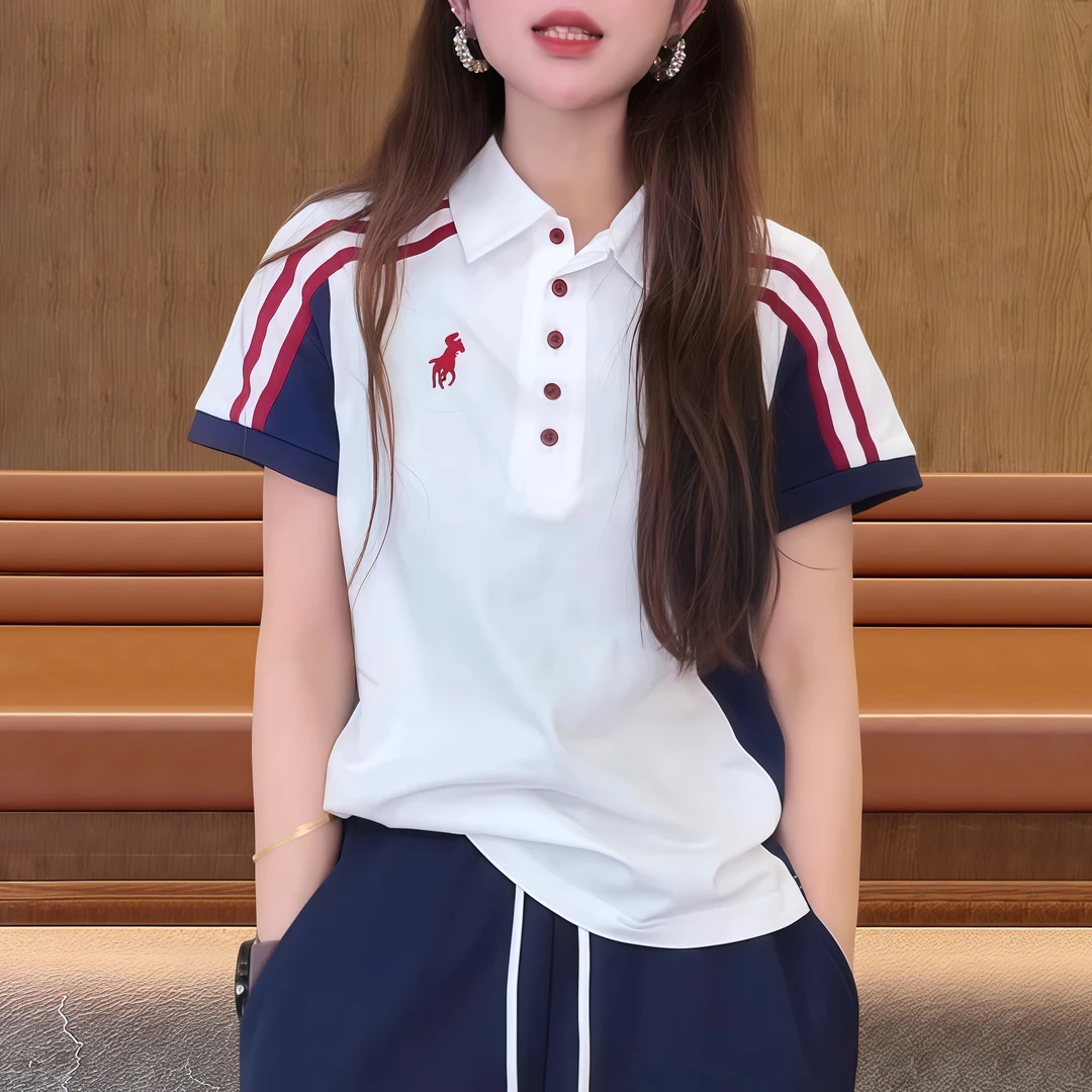 纯棉潮牌小马刺绣翻领短袖T恤女夏季新款百搭显瘦撞色ins欧美上衣