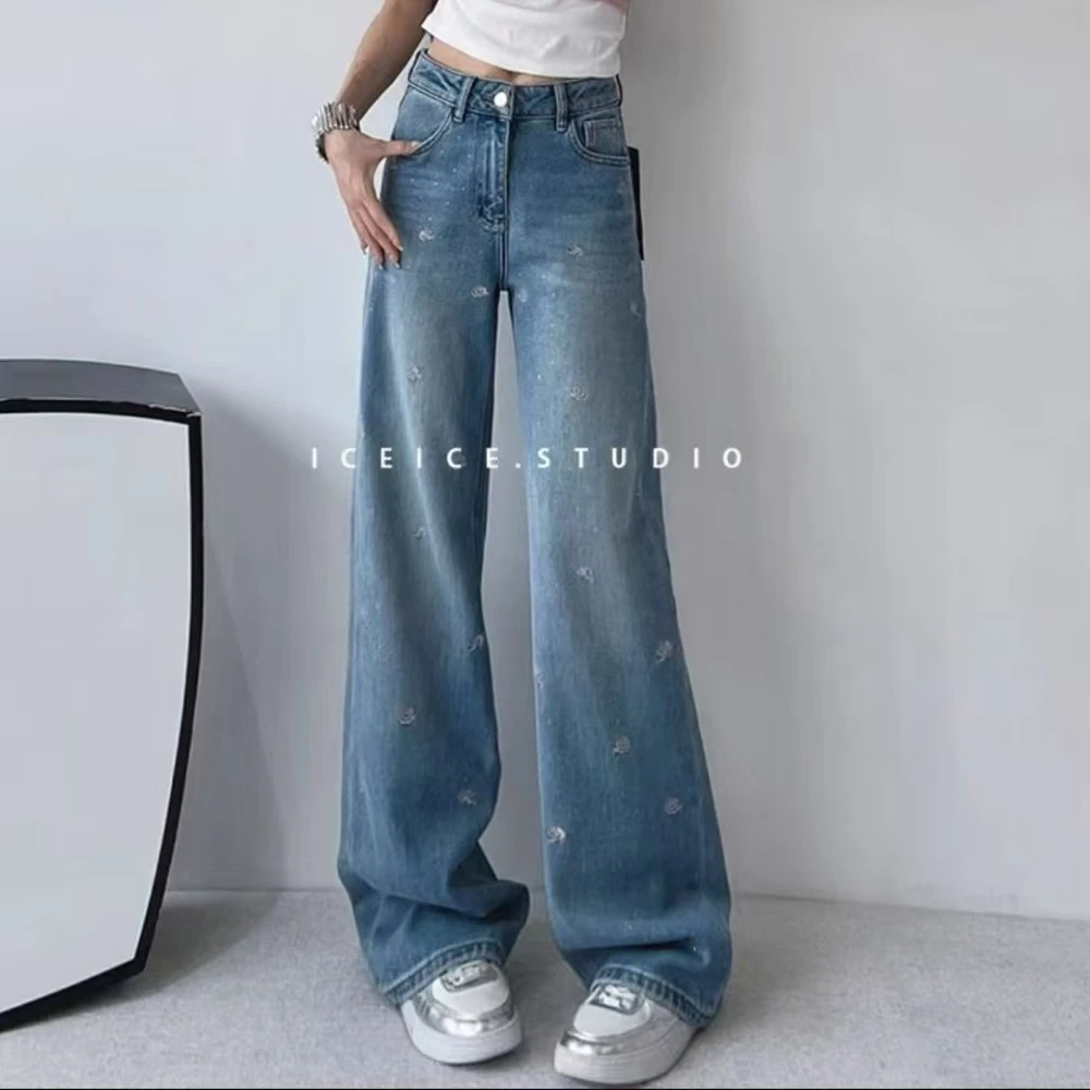 烫钻刺绣阔腿女牛仔裤爆款牛仔裤