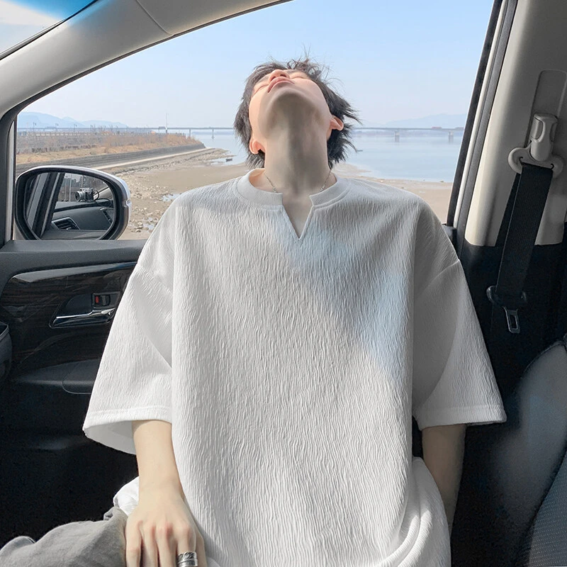 肌理感短袖t恤男士夏季薄款小领口体恤衫宽松大码冰丝五分半截袖