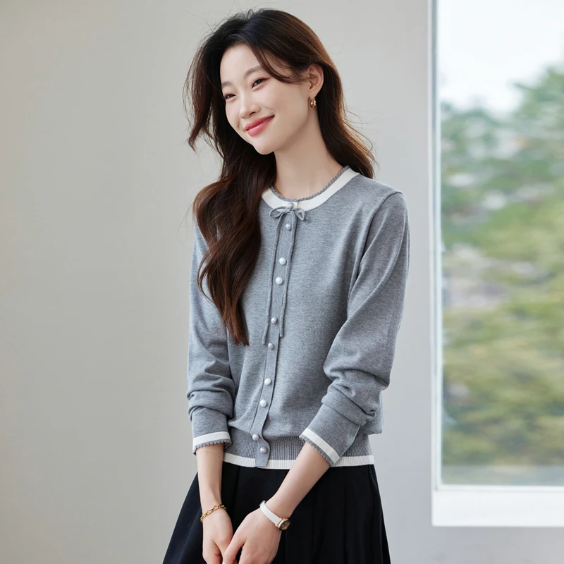 2025秋季新款飘带薄款长袖针织衫女人味韩版小香风拼色毛线衫毛衣