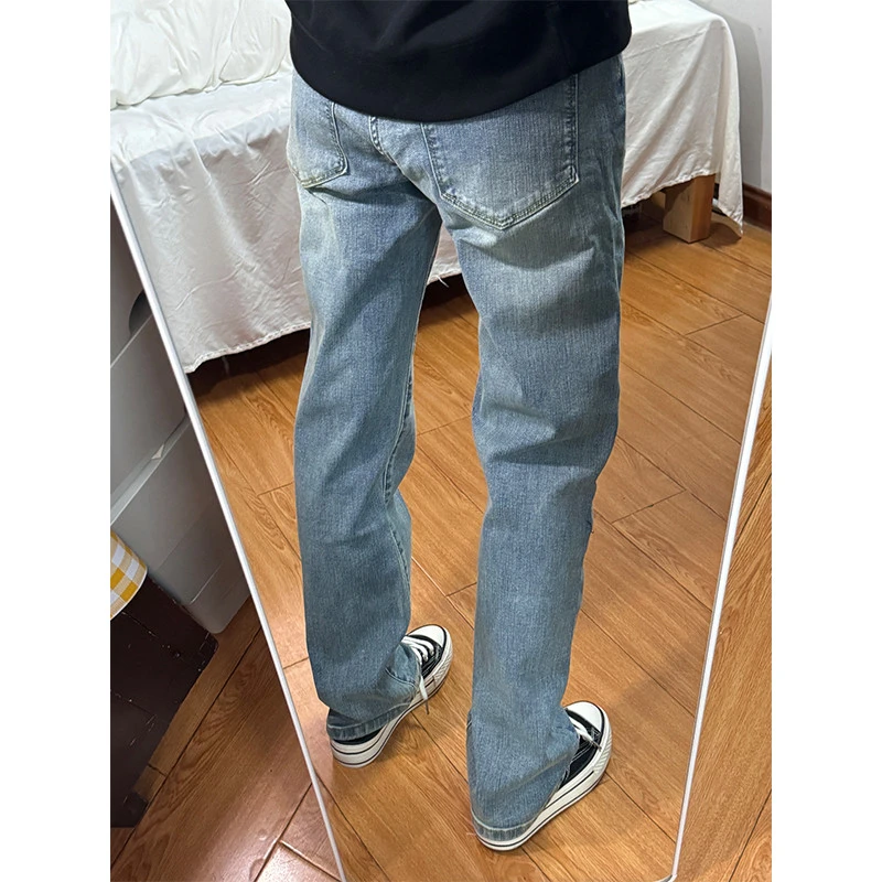 浅蓝色直筒牛仔裤男款cleanfit显瘦弯刀裤子修身弹力窄版微喇长裤