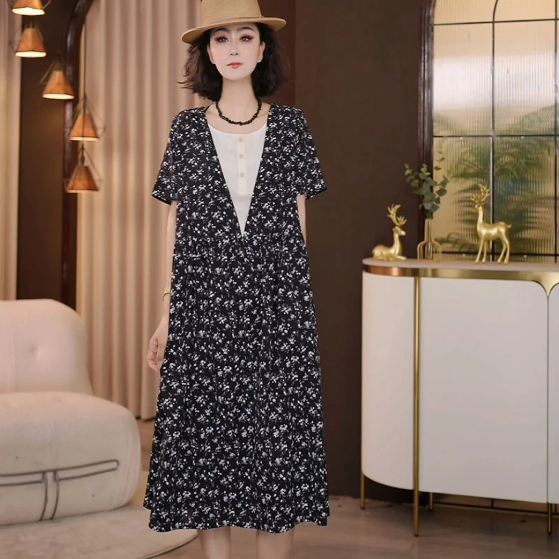 9073-6817夏季新款韩版2025宽松休闲时尚圆领花色连衣裙女