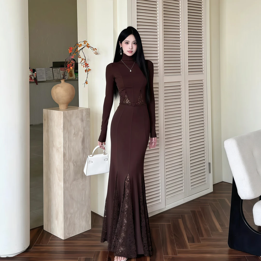 秋季性感时尚套装高领上衣设计款拼接蕾丝包臀半身鱼尾裙两件套