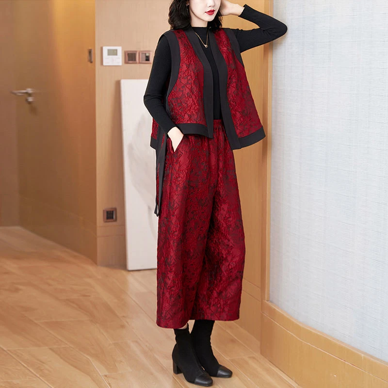 阔腿裤上衣套装女2025年春秋新款提花新中式百搭真丝马甲套装时尚