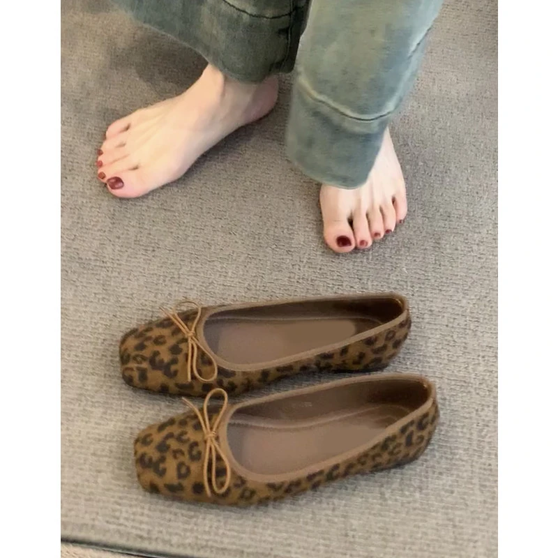 牛皮版~真皮法式浅口复古蝴蝶结豹纹芭蕾单鞋女一脚蹬奶奶鞋瓢鞋