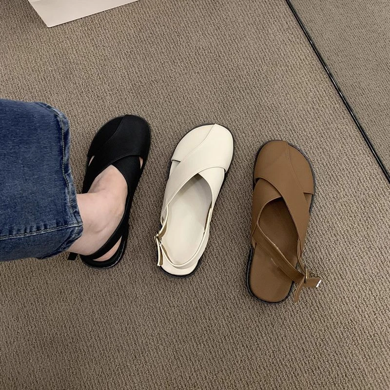 法式浅口包头凉鞋女夏季新款一字带罗马鞋孕妇平底休闲沙