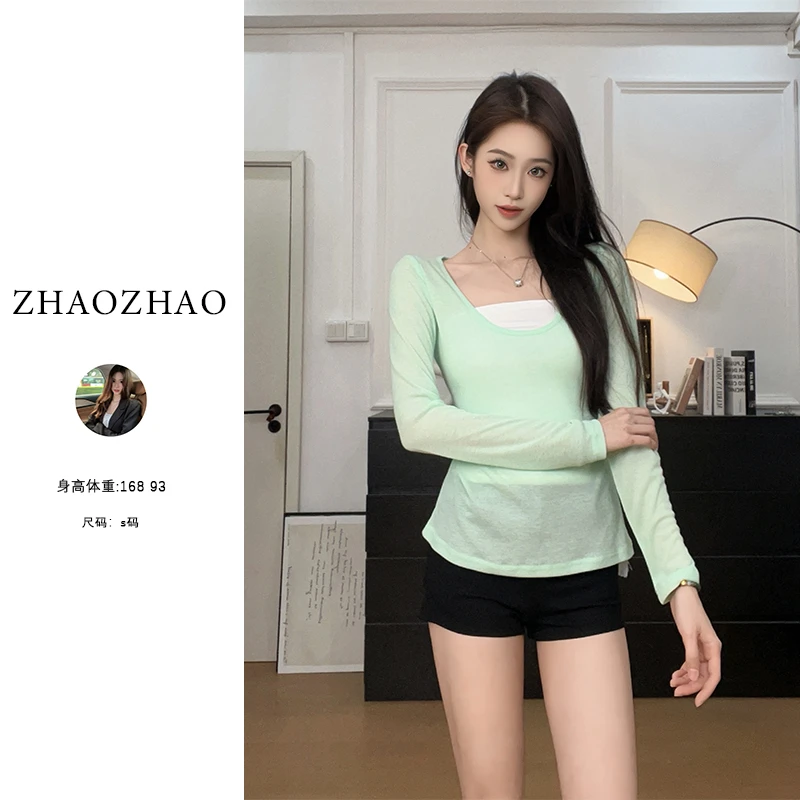 韩版甜美温柔风修身显瘦女网纱罩衫长袖上衣