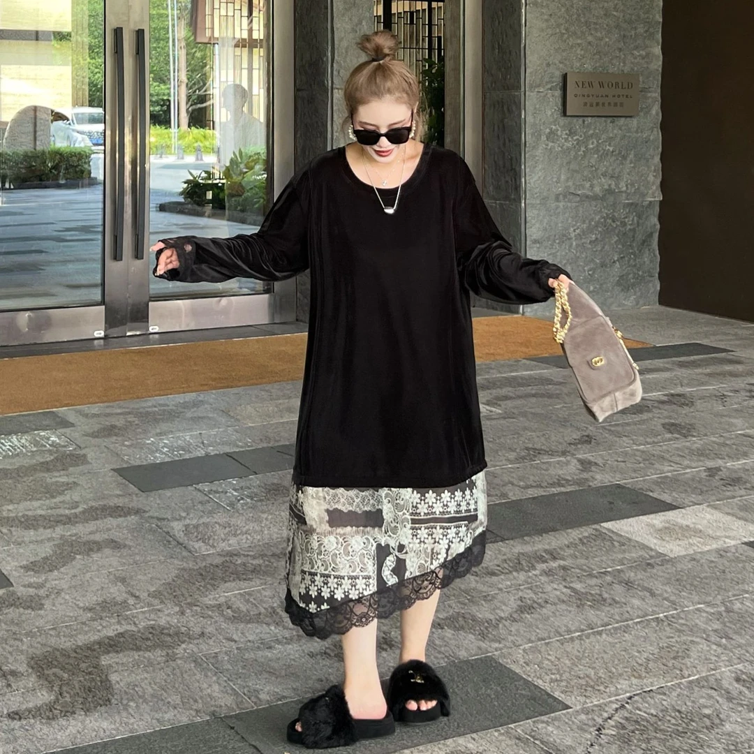 媛子大码小众蕾丝拼接丝绒裙2025秋季新款胖mm遮肉显瘦时尚气质