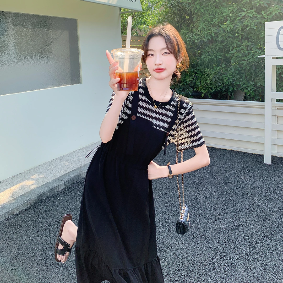 轻熟风韩系设计感假两件荷叶边鱼尾裙女夏新款高腰显瘦黑色连衣裙