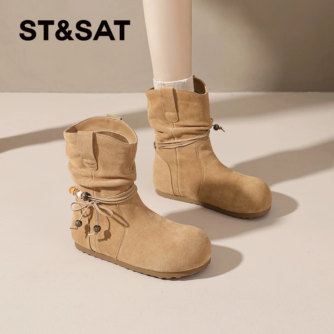 星期六秋冬内增高棉靴2025新款冬季民族风保暖平底靴加绒短靴女款