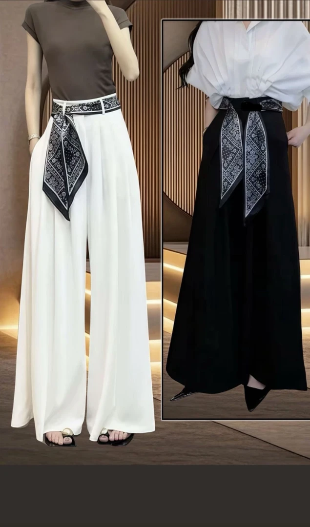 松紧腰冰丝新款丝巾冰凉夏天休闲阔腿裤气质时尚百搭