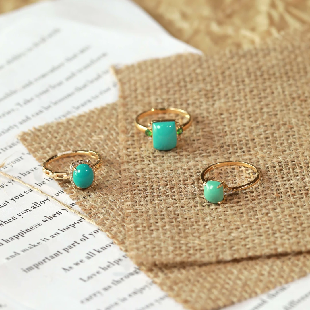 霖泽|绿松石蛋面18k金戒指复古国风时尚潮流气质百搭0213