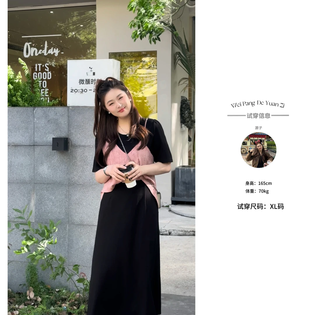 楠序【盛夏告白】源子微胖女装 假两件连衣裙夏季长短款法式YZ36112