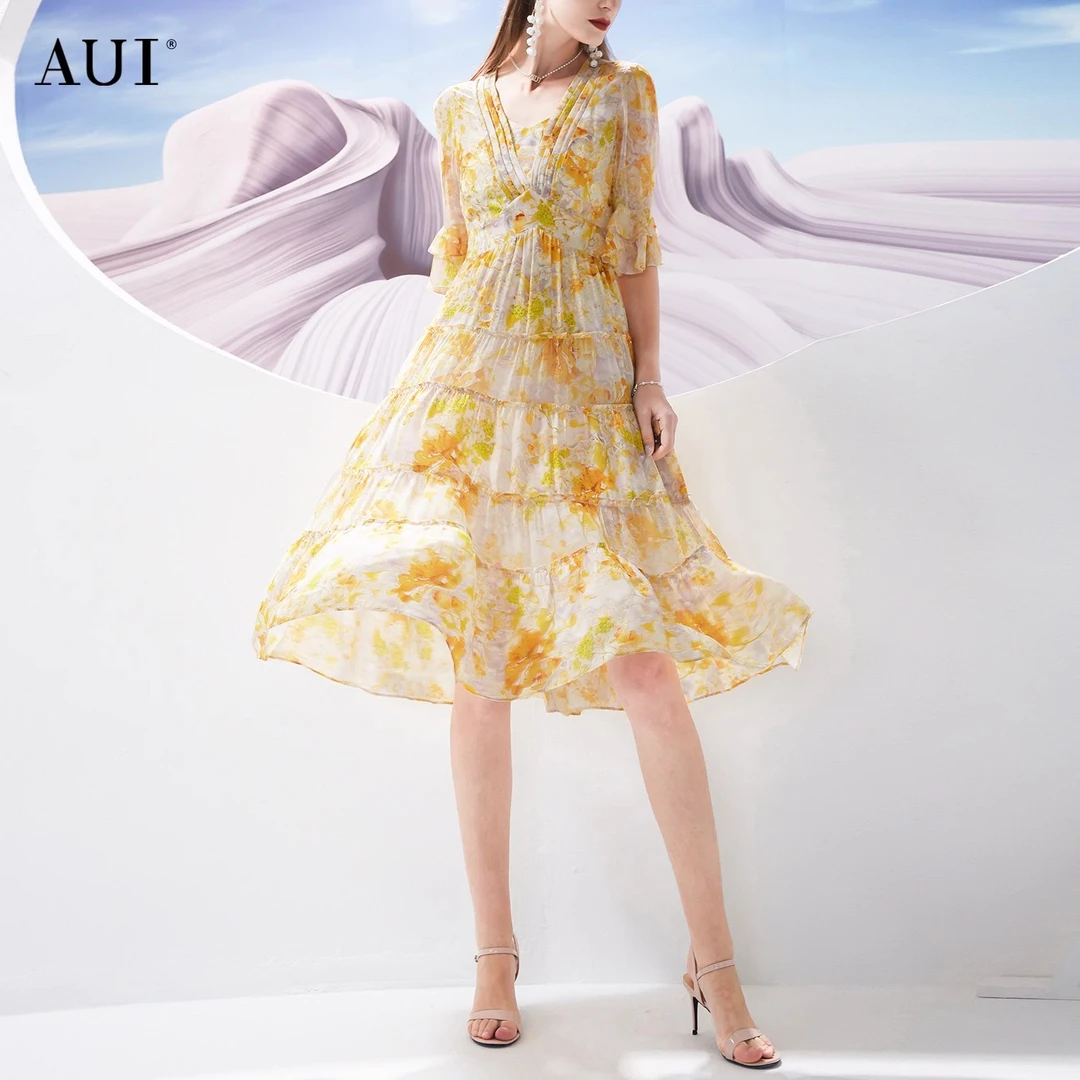 【粉丝专享】AUI黄色气质泡泡袖高腰碎花雪纺连衣裙XX-22D010426