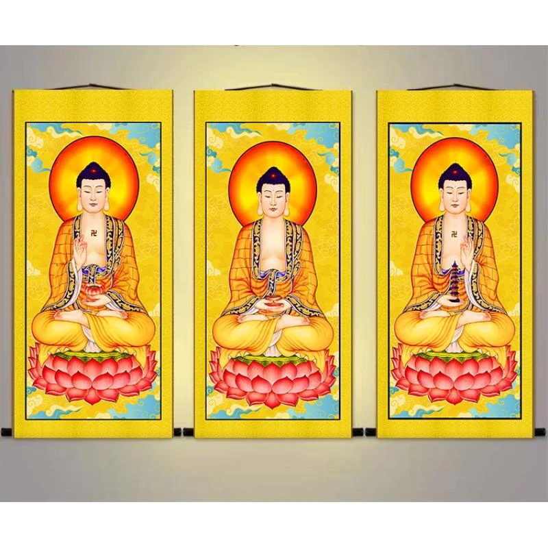 圆轴释迦摩尼 阿弥陀佛 药师佛挂画人物画卷轴画 复古装饰画