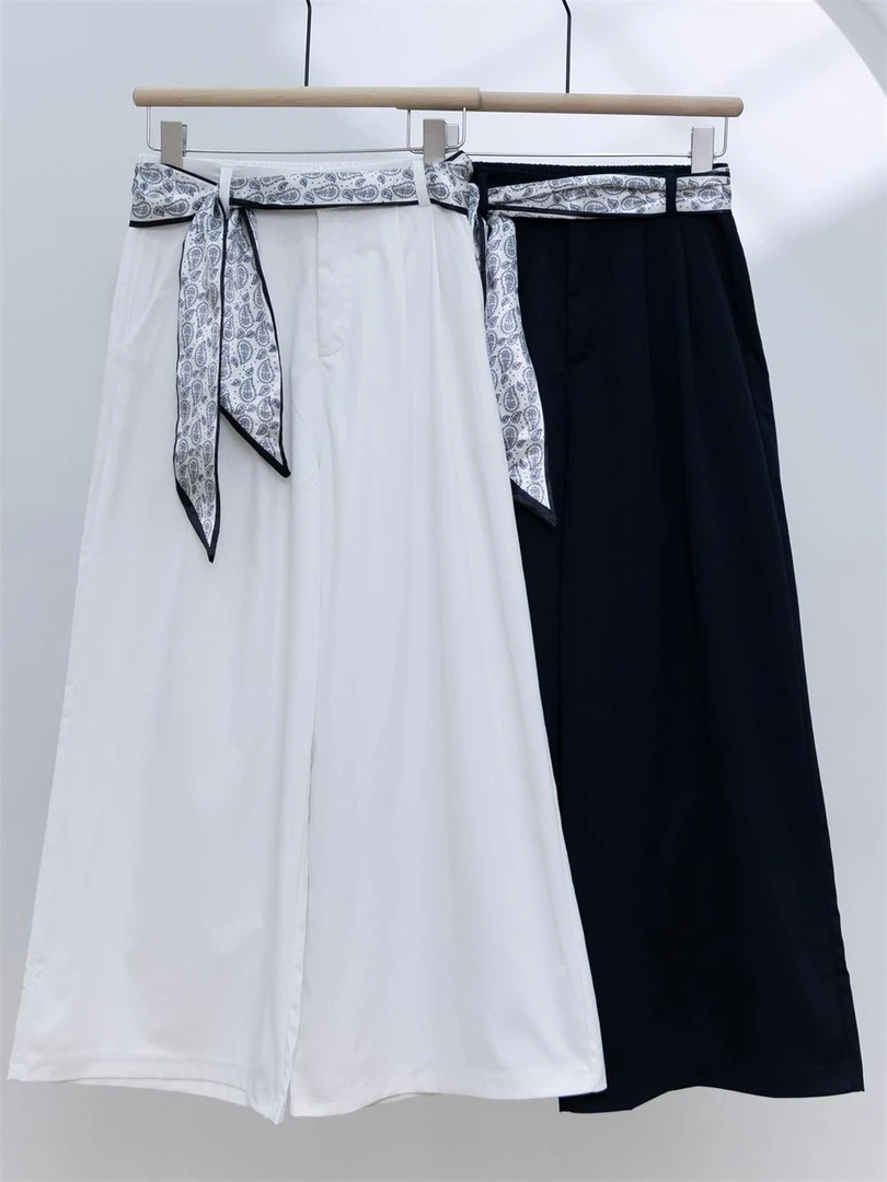 杨杨 夏季新款丝巾飘带松紧慵懒风阔腿裤88639