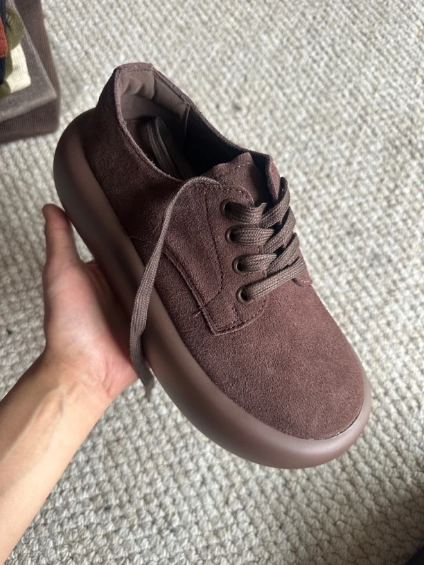 003低帮松糕鞋厚底百搭成人磨砂皮时尚复古休闲鞋系带棕色运动鞋