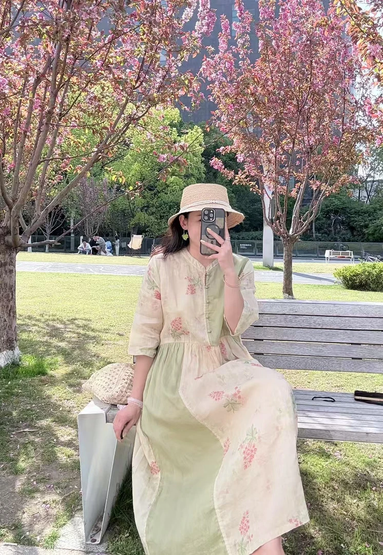 麻印苎麻连衣裙女夏季文艺气质显瘦收腰过膝长裙拼接款莼苎麻