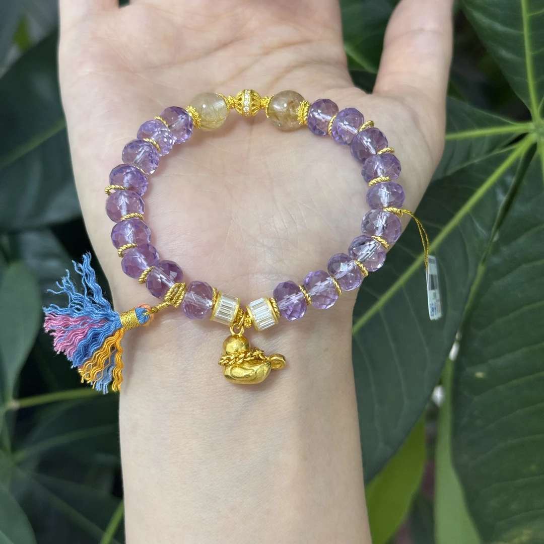 足金999DIY加油鸭紫水晶弹力黄金手串  网红同款