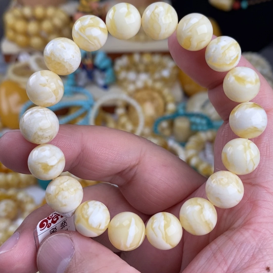 蜜蜡未镶嵌手链瓷白白蜡虎皮纹11.8mm圆珠