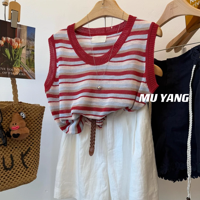 冰丝条纹针织背心女夏外穿薄款2025新款巨好看的u领无袖吊带上衣