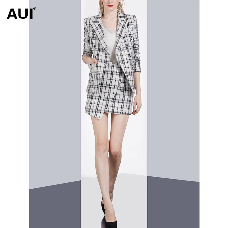 【小铃铛】AUI休闲格子西服套装不规则半身裙两件套-20Q026728