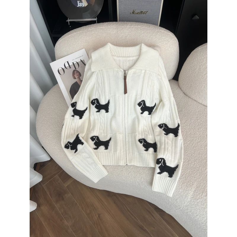 春秋设计狗狗提花慵懒拉链上衣时尚百搭针织开衫2412027