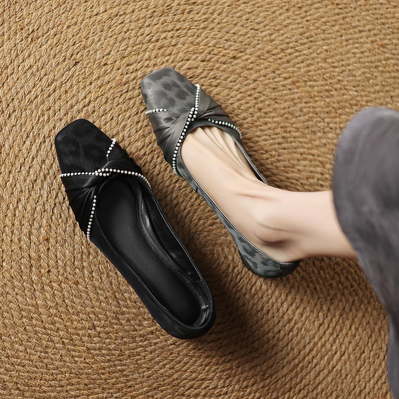 3CM，牛皮粗跟浅口女单鞋方头春秋软底瓢鞋百搭法牛筋软底浅口单鞋