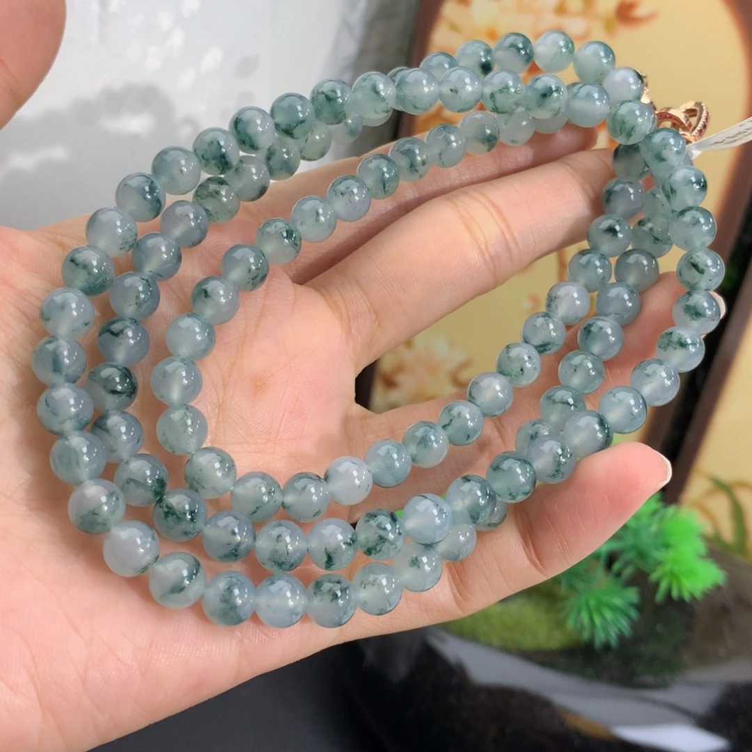 翡翠未镶嵌手串卡6.6冰胶蓝飘花项链