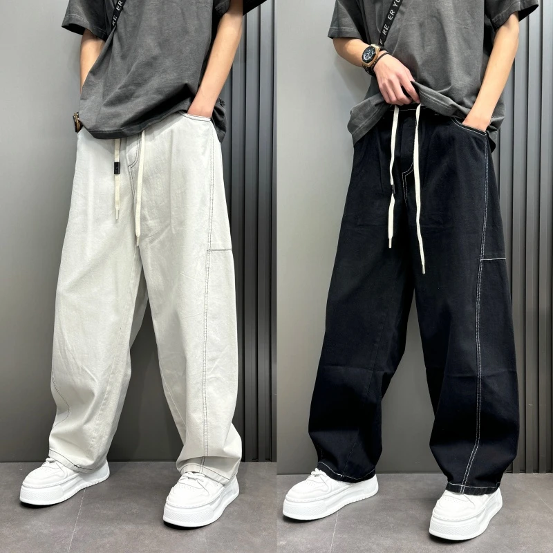 2025春季宽松休闲裤抽绳男士百搭潮流日系大码弯刀直筒裤子阔腿裤