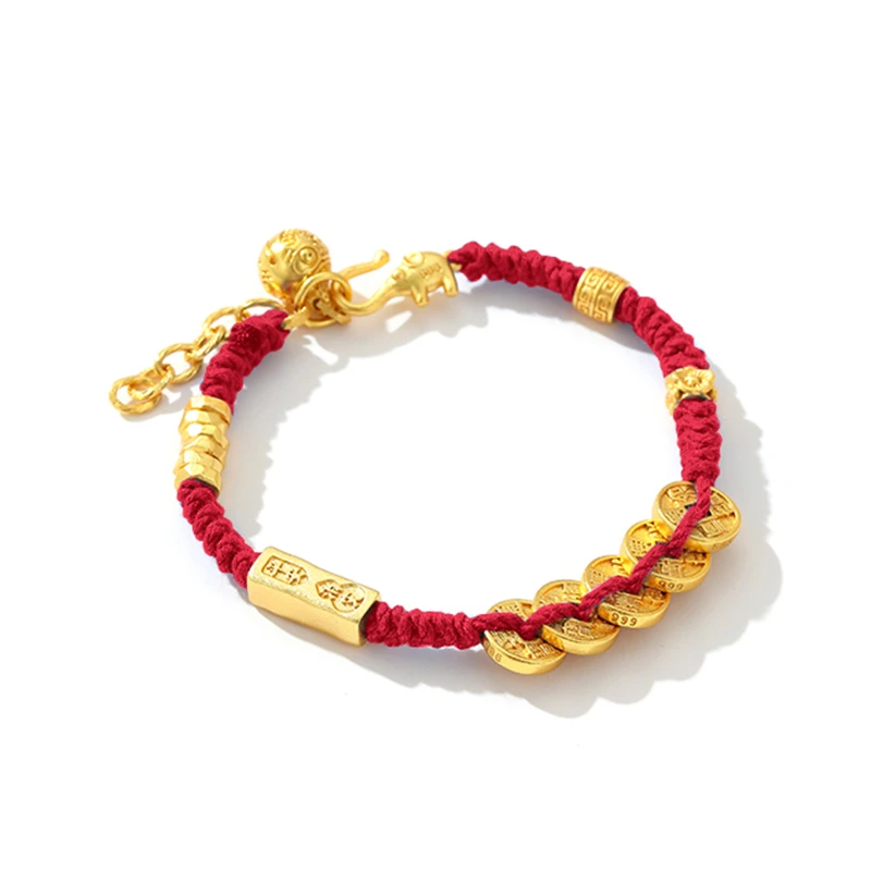 铜合金布艺手链 JINXI 今喜原创设计 五帝钱盘缠手链 手工编织绳