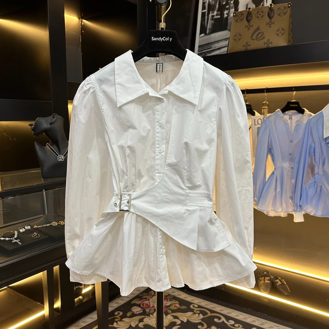 【2025春款】高级感收腰显瘦不规则设计长袖衬衫1976